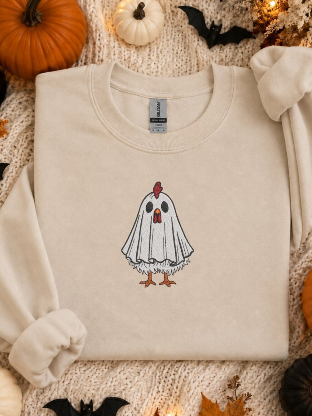 Halloween Ghost Chicken Sweatshirt Embroidered Unisex Crewneck Fall Autumn Cozy